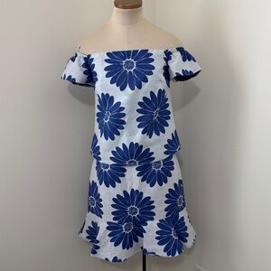 Hutch XS / 4 Blue Floral Top & Skirt SET ~ Off Shoulder Preppy Beach Vacation